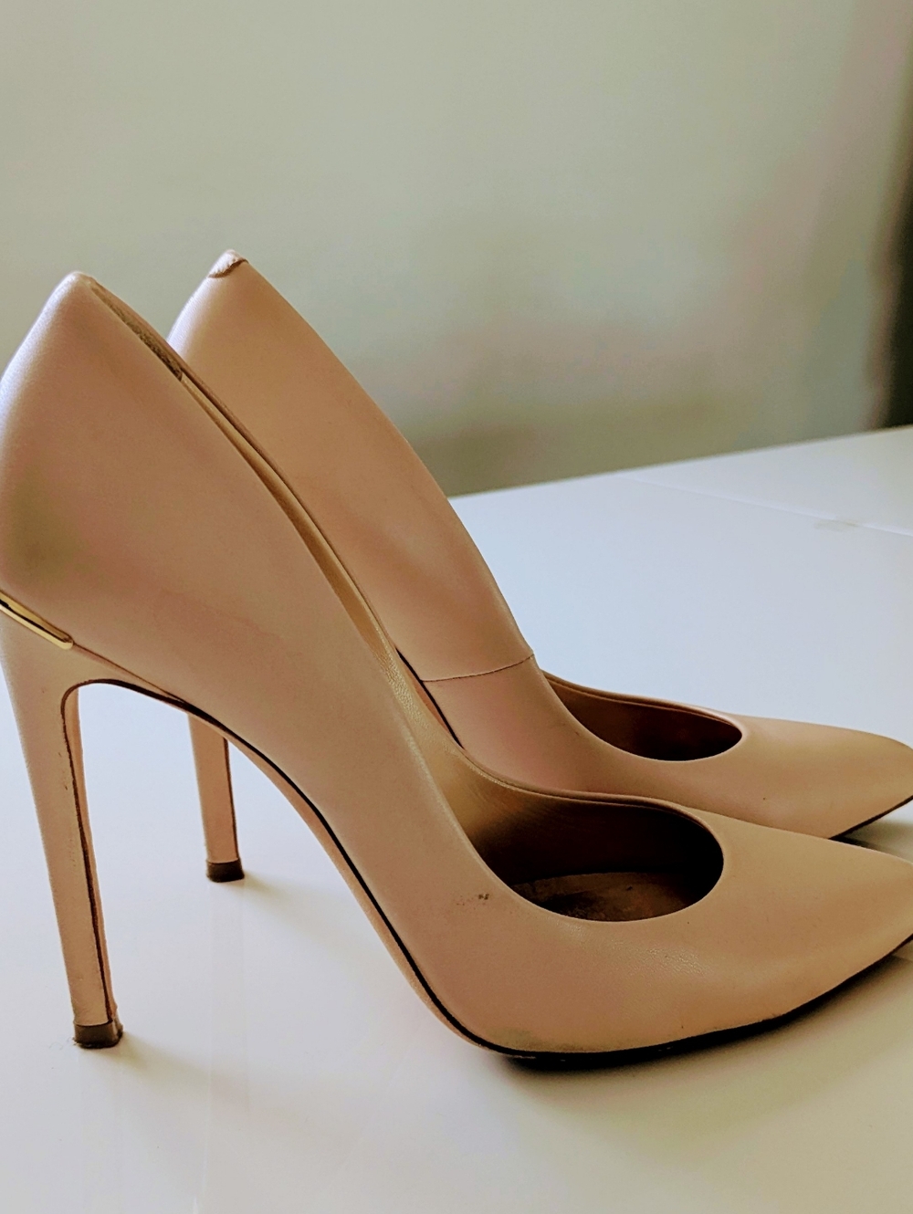 Nude Pointed-Toe High Heel Pumps Leather